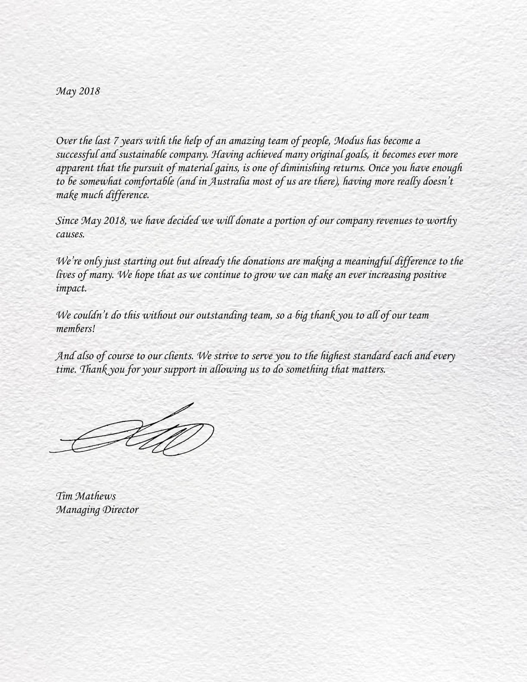 Letter from Managing Director, Tim Matthews